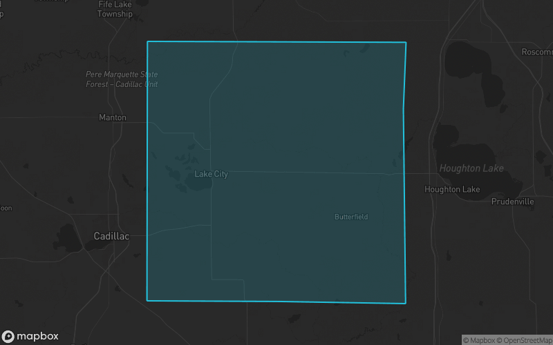 Map of Missaukee County, Michigan showing the county boundary and surrounding cities