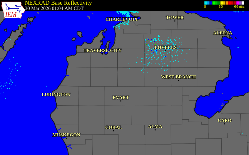 NEXRAD radar during the Monday, March 30, 2026 storm activity in Missaukee County, Michigan