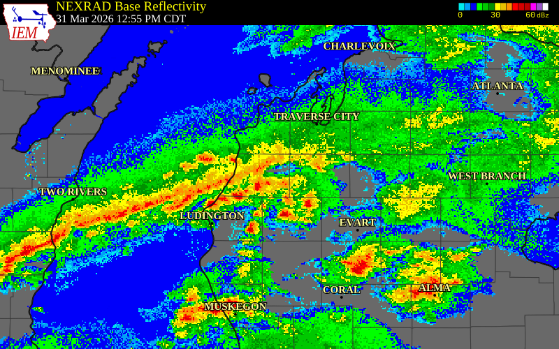 NEXRAD radar during the Tuesday, March 31, 2026 storm activity in Missaukee County, Michigan