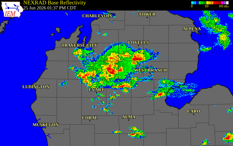 NEXRAD radar during the Thursday, June 25, 2026 storm activity in Missaukee County, Michigan
