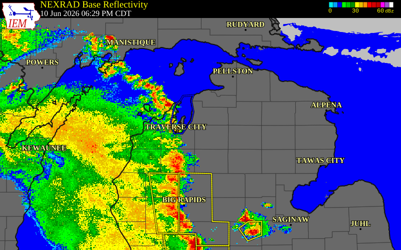Radar snapshot during the Jun 10, 2026 wind event near Missaukee County, Missaukee County, Michigan, with NWS warning polygons