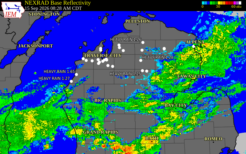 Current NEXRAD radar over Missaukee County, Michigan with recent storm report locations
