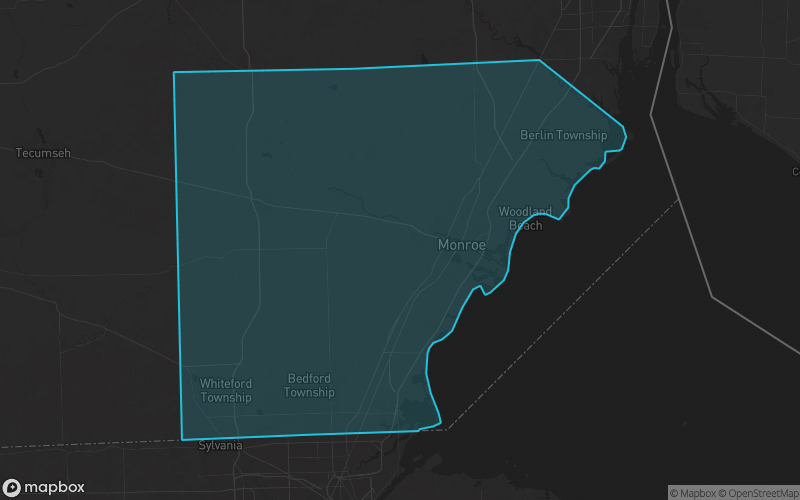 Map of Monroe County, Michigan showing the county boundary and surrounding cities