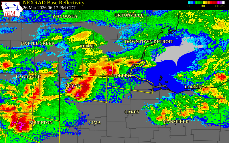 NEXRAD radar during the Thursday, March 26, 2026 storm activity in Monroe County, Michigan