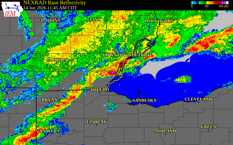 NEXRAD radar during the Sunday, June 14, 2026 storm activity in Monroe County, Michigan