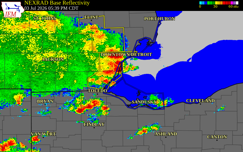 NEXRAD radar during the Friday, July 3, 2026 storm activity in Monroe County, Michigan
