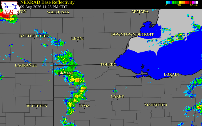 NEXRAD radar during the Monday, August 10, 2026 storm activity in Monroe County, Michigan