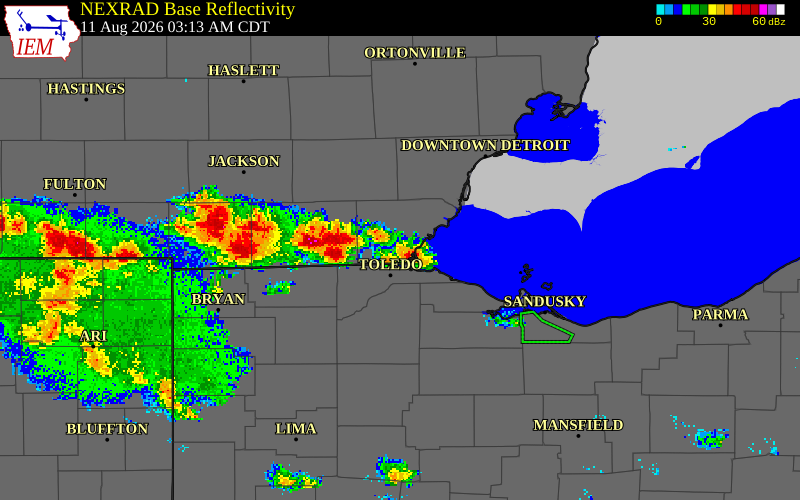 NEXRAD radar during the Tuesday, August 11, 2026 storm activity in Monroe County, Michigan