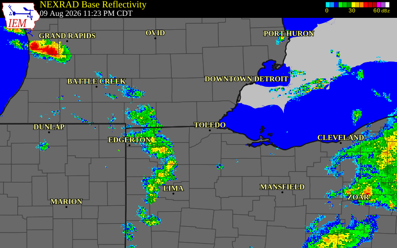 Radar snapshot during the Aug 10, 2026 hail event near Ottawa Lake, Monroe County, Michigan, with NWS warning polygons