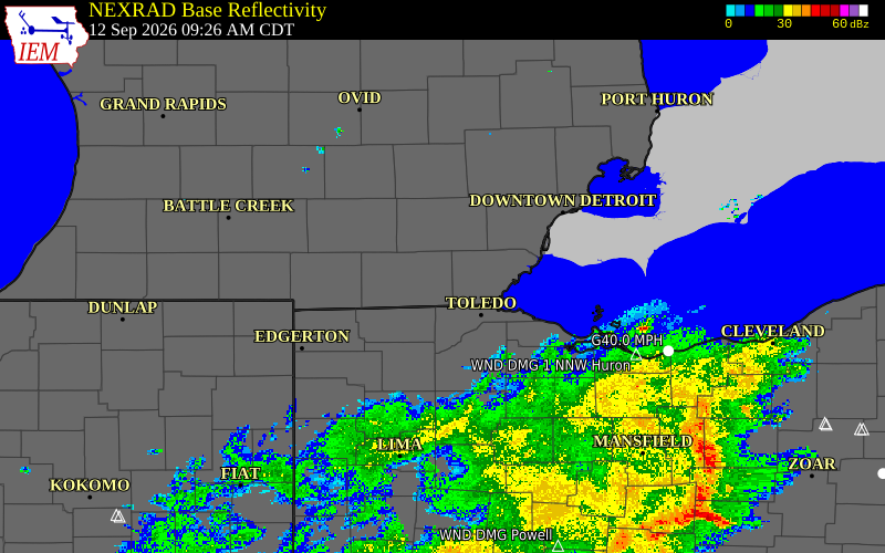 Current NEXRAD radar over Monroe County, Michigan with recent storm report locations