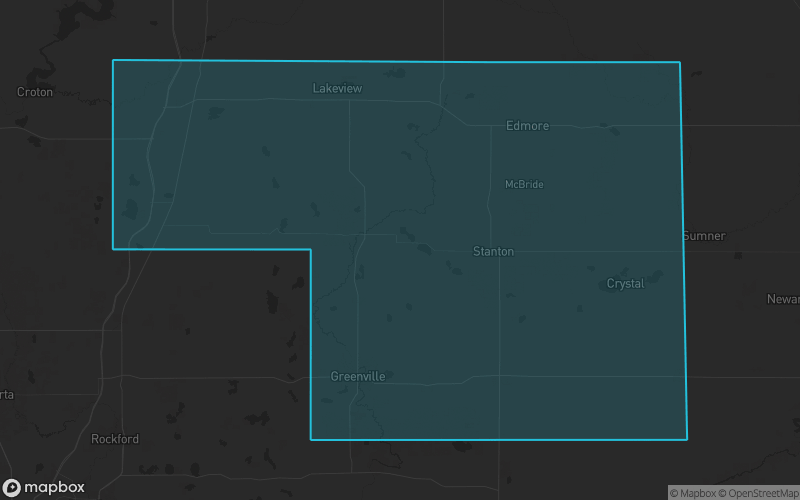 Map of Montcalm County, Michigan showing the county boundary and surrounding cities