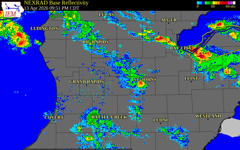 NEXRAD radar during the Monday, April 13, 2026 storm activity in Montcalm County, Michigan