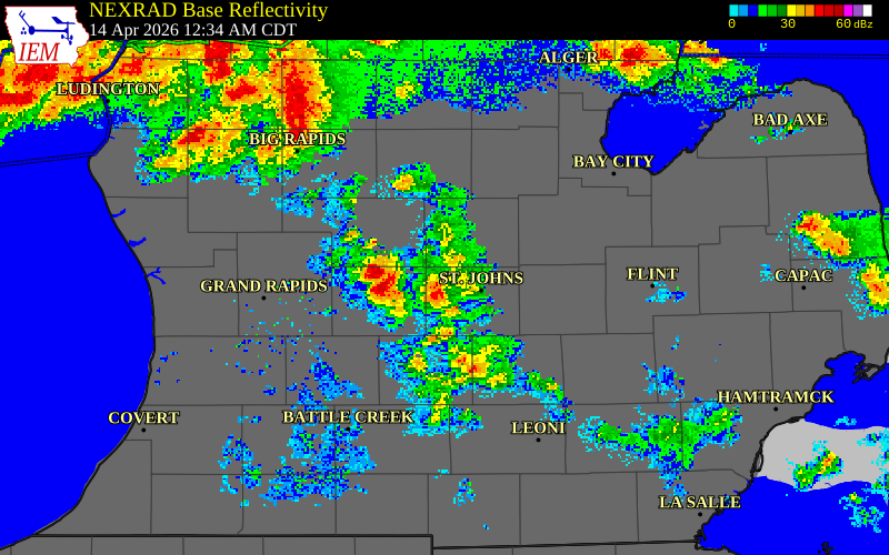 NEXRAD radar during the Tuesday, April 14, 2026 storm activity in Montcalm County, Michigan