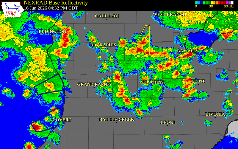 NEXRAD radar during the Tuesday, June 16, 2026 storm activity in Montcalm County, Michigan