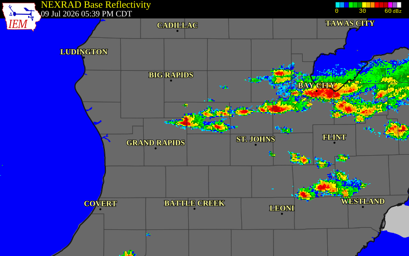 NEXRAD radar during the Thursday, July 9, 2026 storm activity in Montcalm County, Michigan