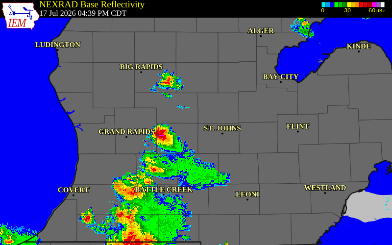 NEXRAD radar during the Friday, July 17, 2026 storm activity in Montcalm County, Michigan