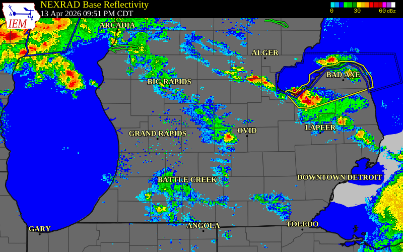 Radar snapshot during the Apr 13, 2026 tornado event near 2 E Fenwick, Montcalm County, Michigan, with NWS warning polygons