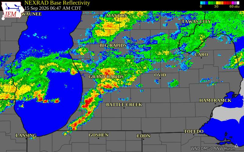 Current NEXRAD radar over Montcalm County, Michigan with recent storm report locations
