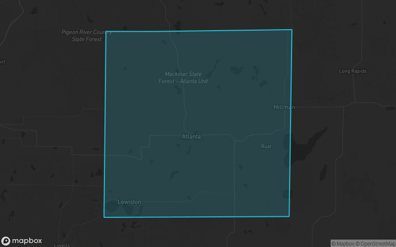 Map of Montmorency County, Michigan showing the county boundary and surrounding cities