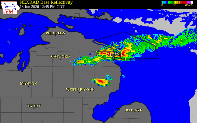NEXRAD radar during the Saturday, June 13, 2026 storm activity in Montmorency County, Michigan