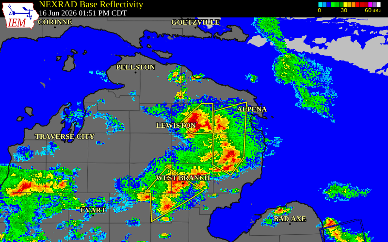 NEXRAD radar during the Tuesday, June 16, 2026 storm activity in Montmorency County, Michigan