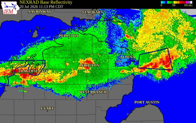 NEXRAD radar during the Tuesday, July 21, 2026 storm activity in Montmorency County, Michigan