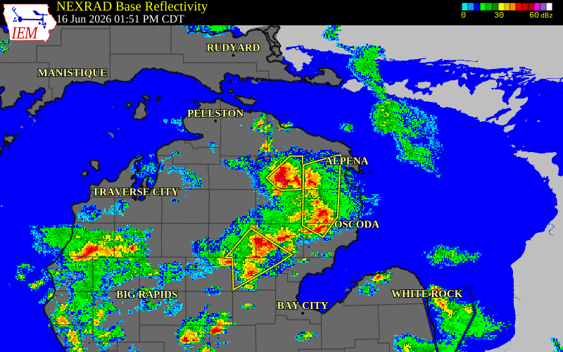 Radar snapshot during the Jun 16, 2026 hail event near 2 E Atlanta, Montmorency County, Michigan, with NWS warning polygons
