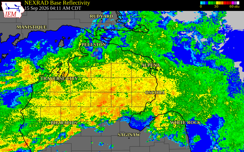 Current NEXRAD radar over Montmorency County, Michigan with recent storm report locations