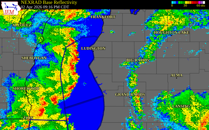 NEXRAD radar during the Thursday, April 2, 2026 storm activity in Muskegon County, Michigan