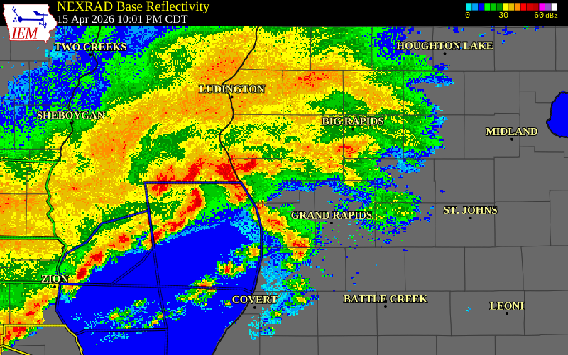 NEXRAD radar during the Wednesday, April 15, 2026 storm activity in Muskegon County, Michigan