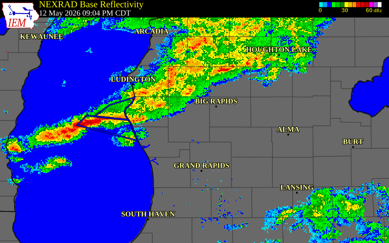 NEXRAD radar during the Tuesday, May 12, 2026 storm activity in Muskegon County, Michigan