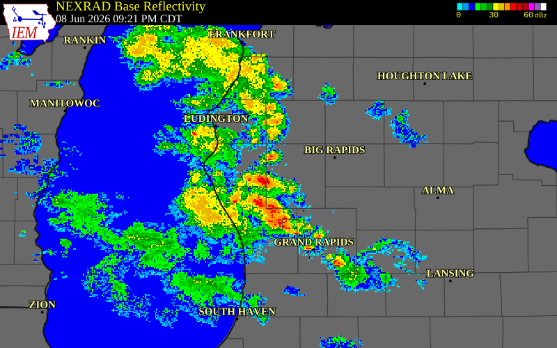 NEXRAD radar during the Monday, June 8, 2026 storm activity in Muskegon County, Michigan