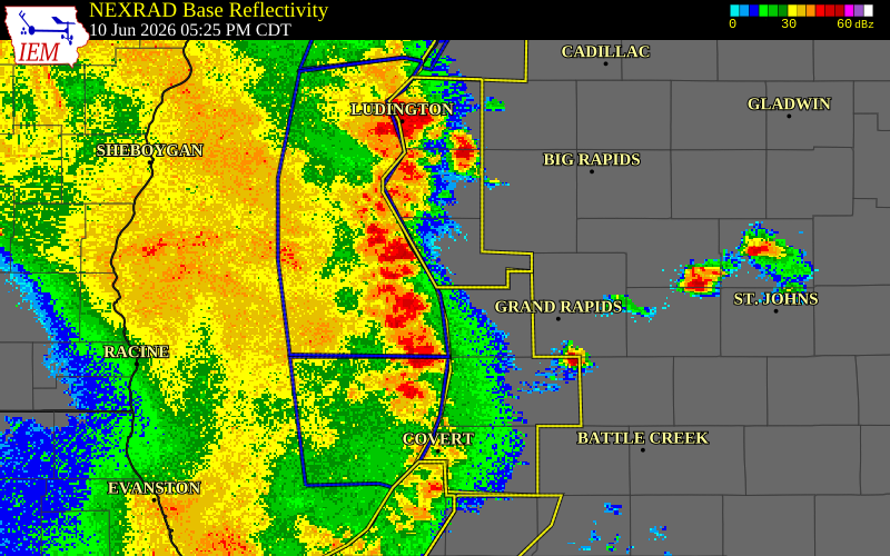 NEXRAD radar during the Wednesday, June 10, 2026 storm activity in Muskegon County, Michigan