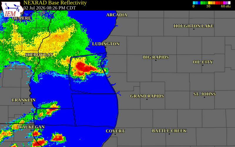 NEXRAD radar during the Thursday, July 2, 2026 storm activity in Muskegon County, Michigan
