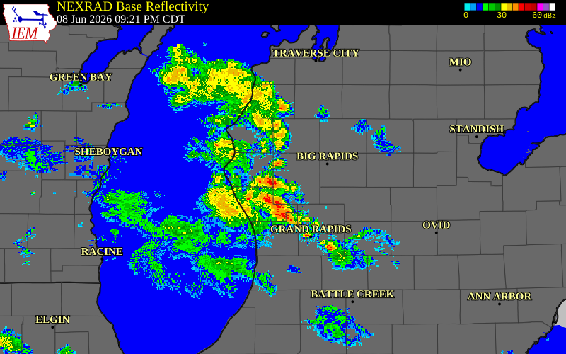 Radar snapshot during the Jun 8, 2026 wind event near Muskegon County, Muskegon County, Michigan, with NWS warning polygons