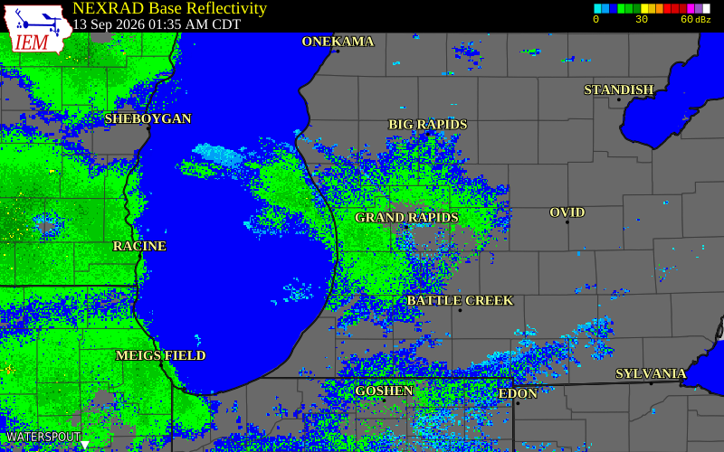 Current NEXRAD radar over Muskegon County, Michigan with recent storm report locations