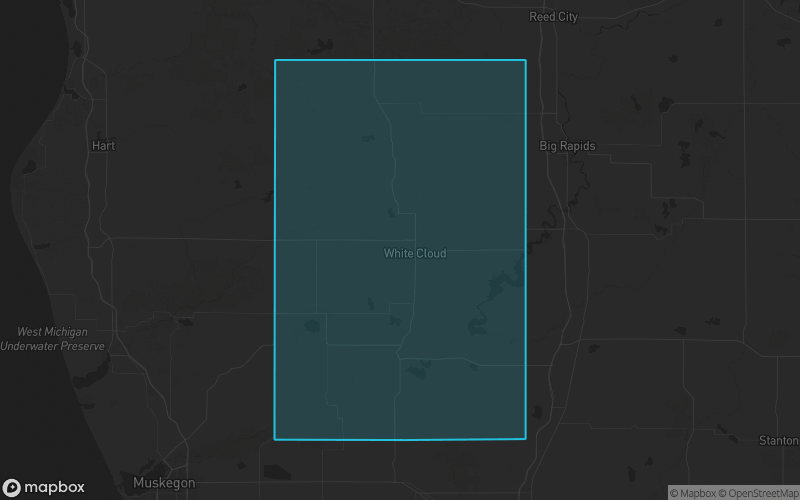 Map of Newaygo County, Michigan showing the county boundary and surrounding cities