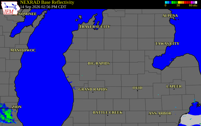 Current NEXRAD radar over Newaygo County, Michigan with recent storm report locations