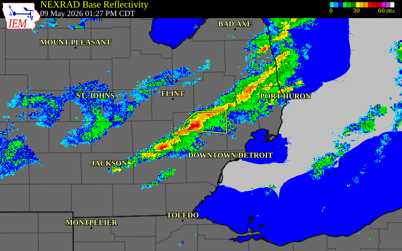 NEXRAD radar during the Saturday, May 9, 2026 storm activity in Oakland County, Michigan