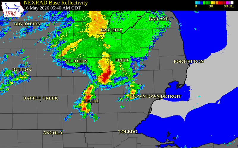 NEXRAD radar during the Saturday, May 16, 2026 storm activity in Oakland County, Michigan