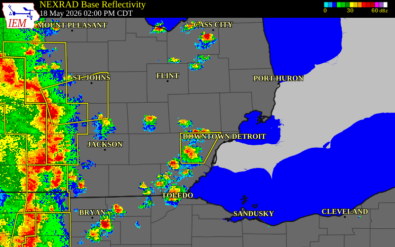NEXRAD radar during the Monday, May 18, 2026 storm activity in Oakland County, Michigan