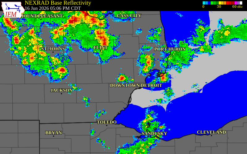 NEXRAD radar during the Tuesday, June 16, 2026 storm activity in Oakland County, Michigan