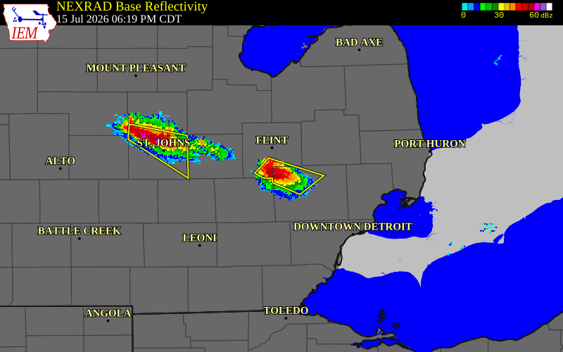 NEXRAD radar during the Wednesday, July 15, 2026 storm activity in Oakland County, Michigan