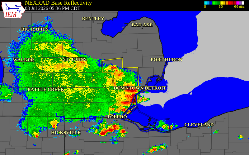 Radar snapshot during the Jul 3, 2026 wind event near Oakland County Intl Air, Oakland County, Michigan, with NWS warning polygons