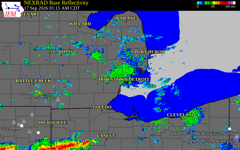 Current NEXRAD radar over Oakland County, Michigan with recent storm report locations