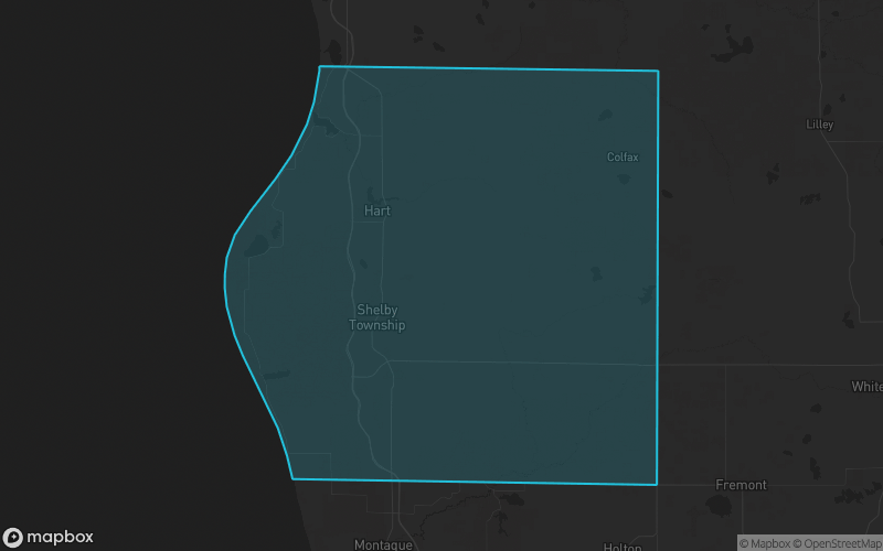 Map of Oceana County, Michigan showing the county boundary and surrounding cities