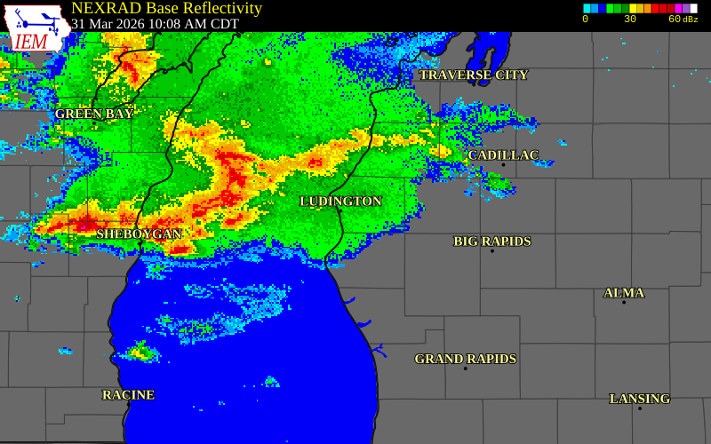 NEXRAD radar during the Tuesday, March 31, 2026 storm activity in Oceana County, Michigan