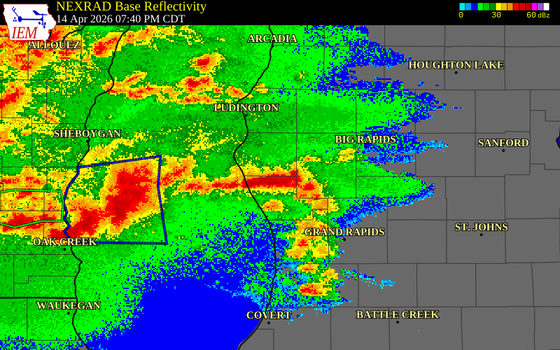 NEXRAD radar during the Tuesday, April 14, 2026 storm activity in Oceana County, Michigan