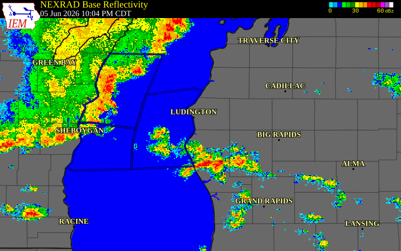 NEXRAD radar during the Friday, June 5, 2026 storm activity in Oceana County, Michigan
