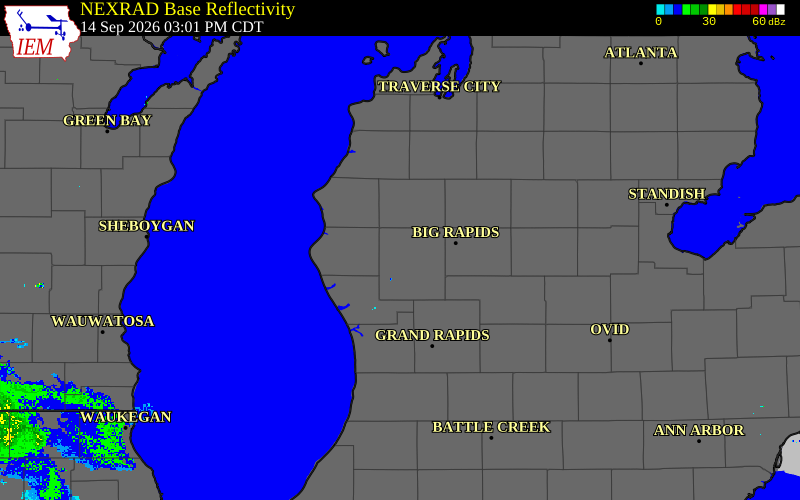 Current NEXRAD radar over Oceana County, Michigan with recent storm report locations